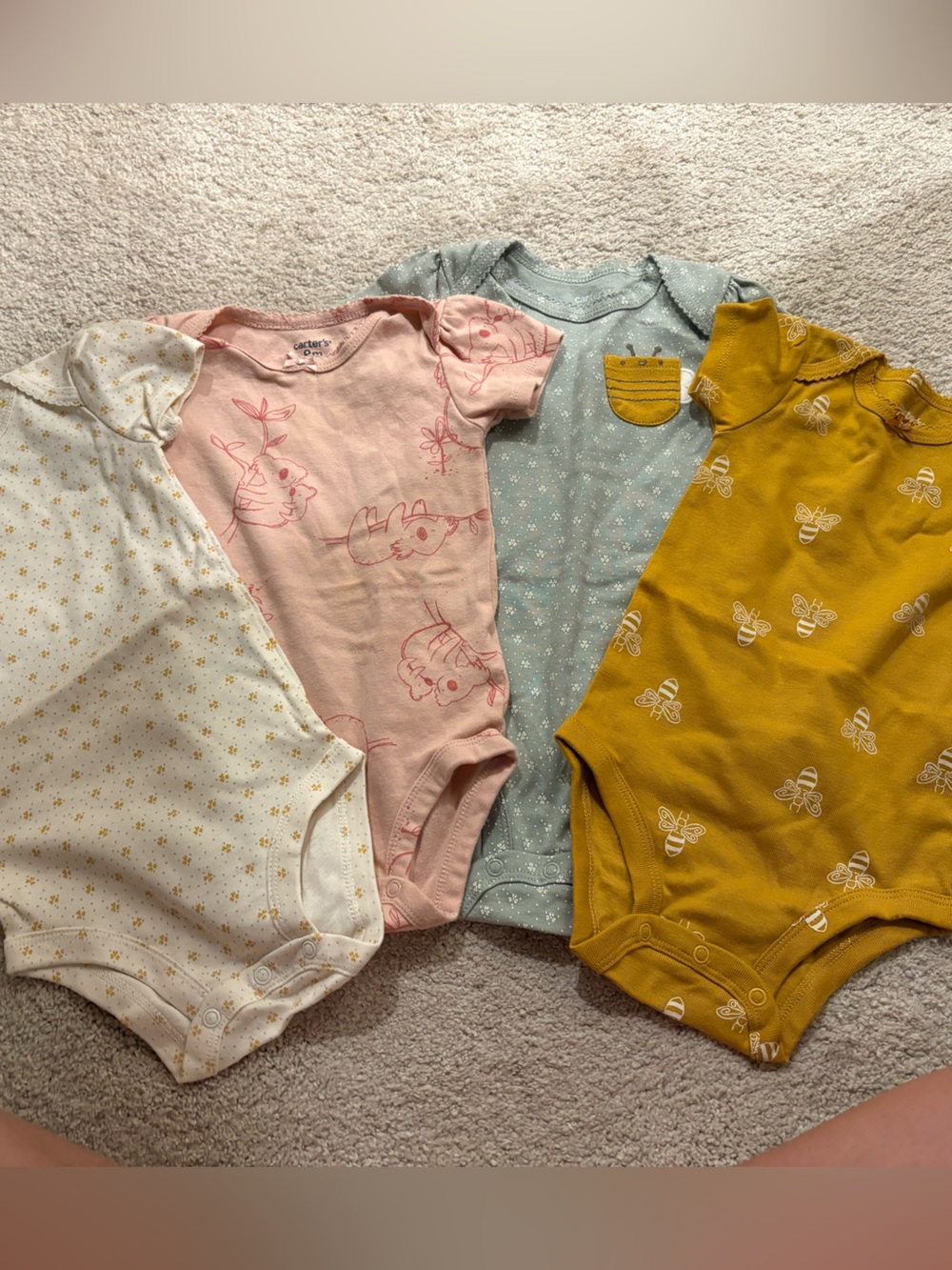 Baby Girls' 4-Pack Short Sleeve One-Piece Bodysuits - White, Pink, Blue, Mustard